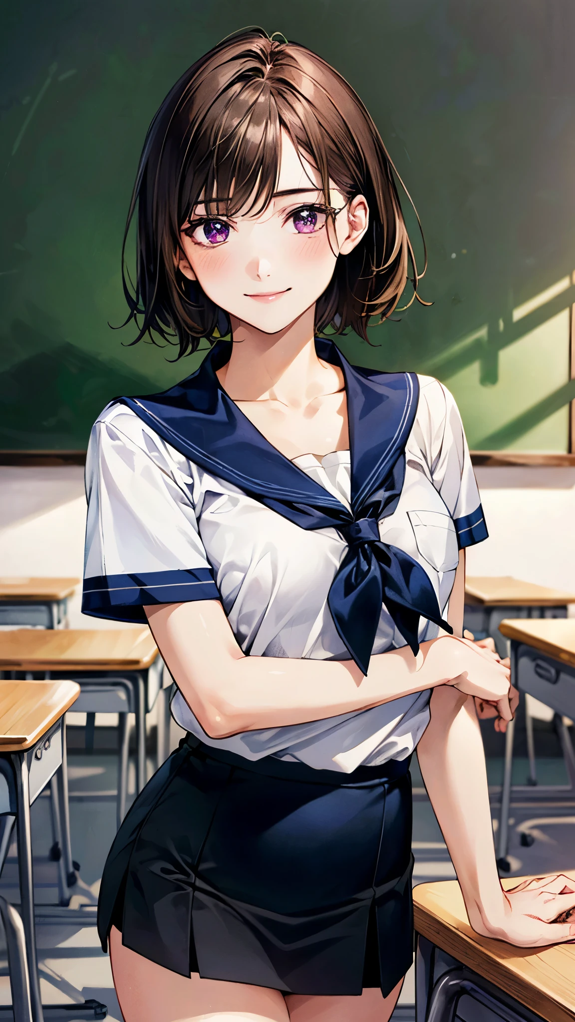 (masterpiece:1.2, top-quality, ultra high res, ultra detailed), (realistic, photorealistic:1.4), beautiful illustration, perfect lighting, natural lighting, colorful, depth of fields, 
beautiful detailed hair, beautiful detailed face, beautiful detailed eyes, beautiful clavicle, beautiful body, beautiful chest, beautiful thigh, beautiful legs, beautiful fingers, 
looking at viewer, 1 girl, high school teacher, 22 years old, perfect face, (perfect anatomy, anatomically correct), cute and symmetrical face, babyface, , shiny skin, 
(short hair:1.5, okappa, brown hair), swept bangs, dark purple eyes, slant eyes, big eyes, long eye lasher, (medium breasts), slender, 
(navy outfit, navy tight skirt suit, short sleeve collared white shirt), 
(beautiful scenery), evening, (school classroom:1.1, blackboard, vase, blackboard eraser, chalk), (self-introduction, cute smile), 