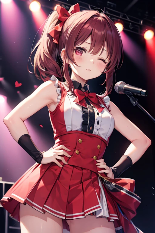 akiyama mizuki, 1other, solo, side ponytail, red_bow, idol clothes, spoken heart, one eye closed, hand on hip, stage lights, standing,(nsfw)
