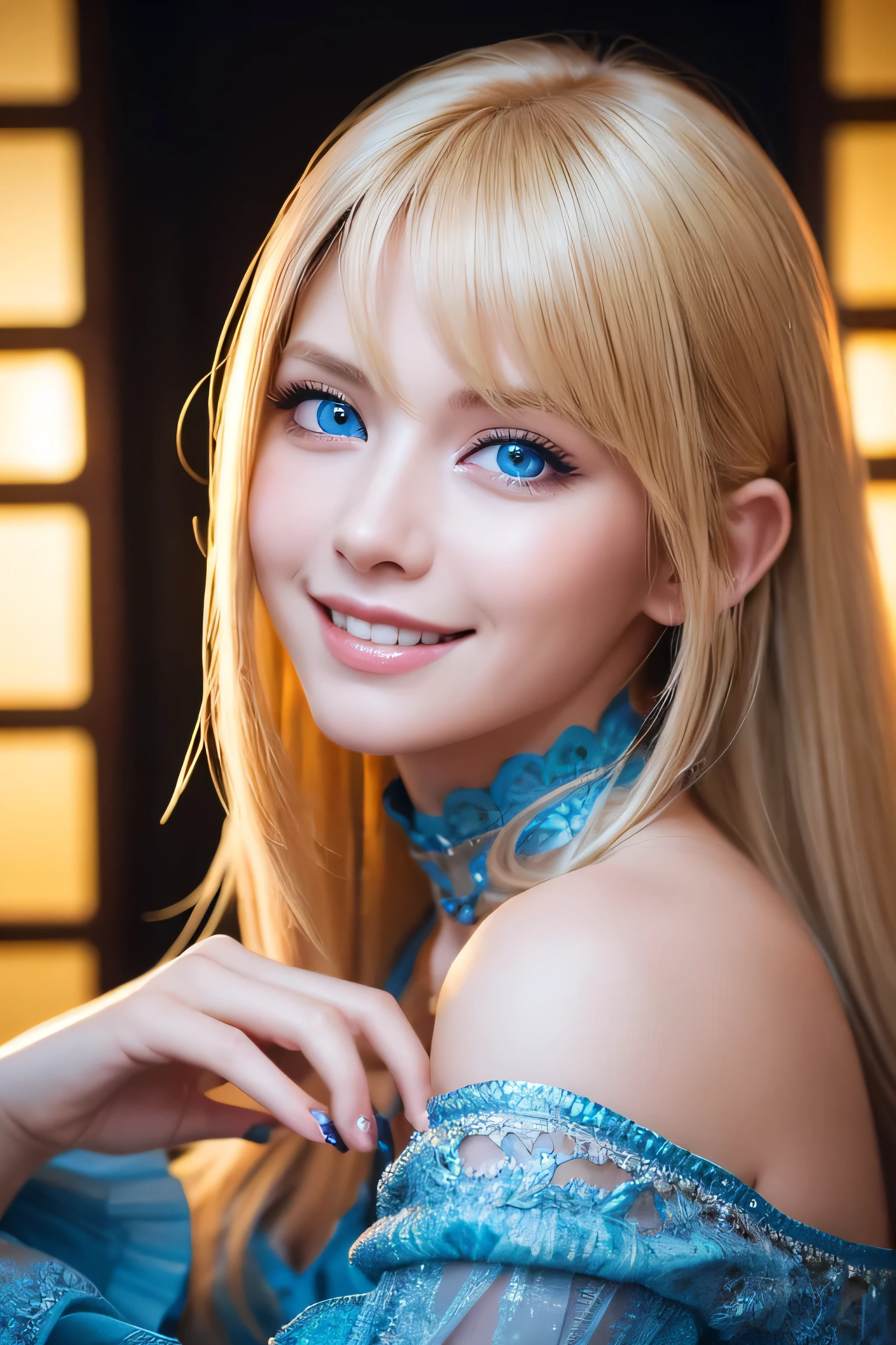 Bushy blonde adult woman,so beautiful(Like the real thing), Big smile, elegant, Long nails, Hairstyle, Beautiful expression,blue eyes, Messy, I am proud, absurdes, Elegant dress,Cowboy Shot, Portraiture, (Highest quality), (Tabletop), (Very detailed), masterpiece,Highest quality photorealistic RAW photos。Backlight, Cinema Lighting, Film Grain, to be born, 50MM lens, Nikon D850,Ultra-Realistic Skin,Fantasy art,Character Art,Ultra-high resolution,Perfect hands