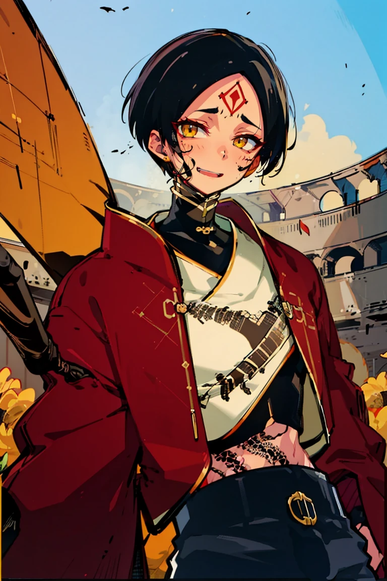 (masterpiece, best quality:1.2), hui xiyi,1boy, black hair, face, facial mark, forehead, bangs, looking at viewer, short hair, solo, tattoo, upper body, yellow eyes, rekkyo sensen, chinese clothes, black clothes, red jacket, silver choker, navel, pants, black pants, background((shanghai, sky, blue sky, colosseum, stage, flower, castle))