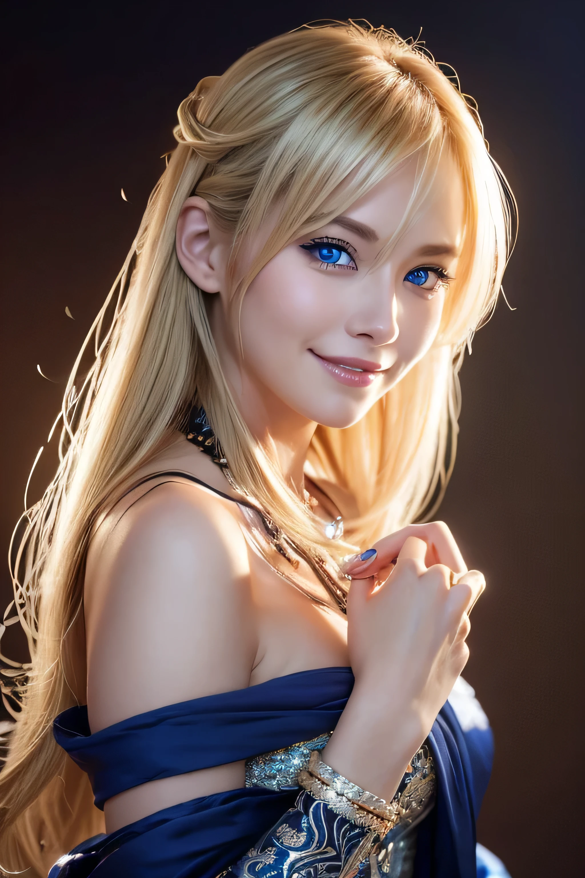 Bushy blonde adult woman,so beautiful(Like the real thing), Big smile, elegant, Long nails, Hairstyle, Beautiful expression,blue eyes, Messy, I am proud, absurdes, Elegant dress,Cowboy Shot, Portraiture, (Highest quality), (Tabletop), (Very detailed), masterpiece,Highest quality photorealistic RAW photos。Backlight, Cinema Lighting, Film Grain, to be born, 50MM lens, Nikon D850,Ultra-Realistic Skin,Fantasy art,Character Art,Ultra-high resolution,Perfect hands