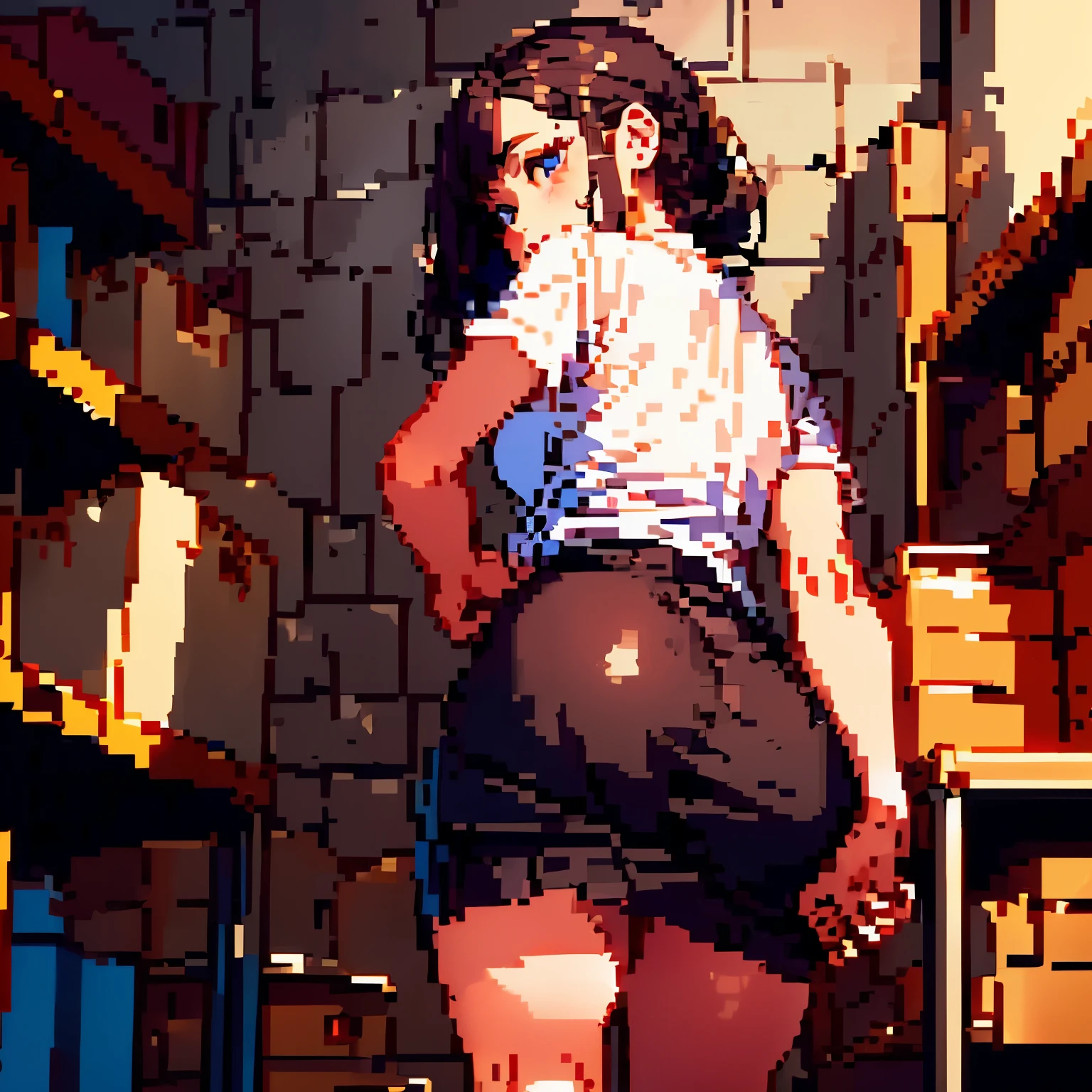 drooping eyes, eyes realistic sizing, (((pixel art, round face is drawn by pixel))), ((hanging her crotch on a corner of the table to hit for masturbation, open legs, hiding crotch with her skirt)), thin t-shirt, skirt, ((a woman is holding at her butt from behind by her hand, getting orgasm)), braid, (dim old storeroom), shoes,