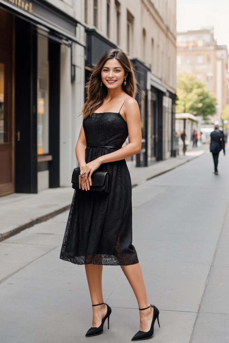 A high-resolution portrait captures the essence of an 18-year-old European woman. She stands confidently on a bustling street, dressed in a stunning black dress that accentuates her curves, matched with black stockings and elegant high heels. Her natural straight blonde hair falls gracefully around her shoulders, perfectly complementing her brown eyes. The scene is detailed with vibrant textures and colors, highlighting her allure against the urban backdrop. Shot with a Fujifilm XT3, the image ensures sharp focus and clear detail, capturing her radiant smile as she confidently meets the camera's gaze. Full body shot.