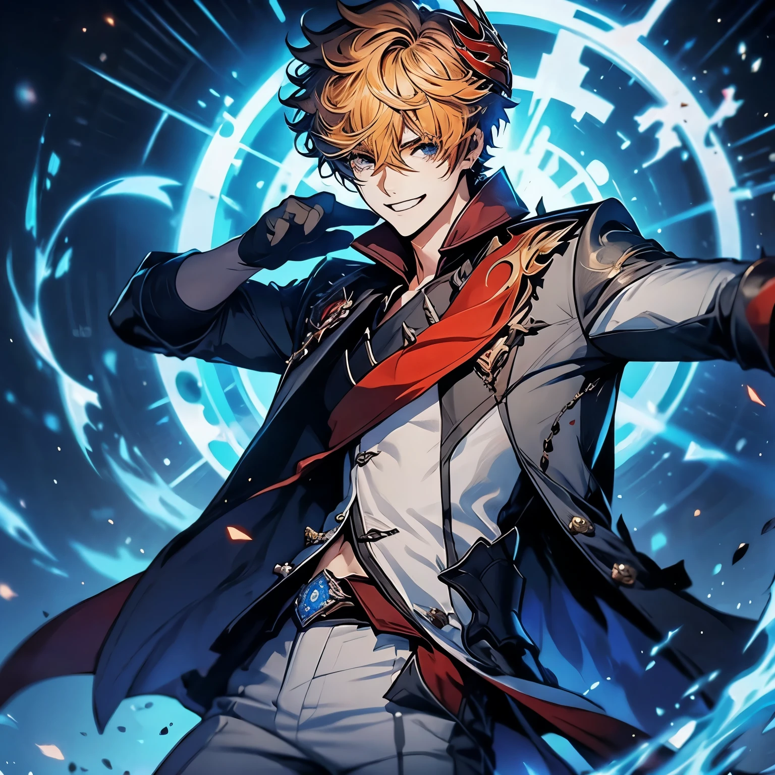 e, solo, looking at viewer, short hair, blue eyes, shirt, gloves, 1boy, holding, hair between eyes, jewelry, smile, jacket, male focus, earrings, black gloves, pants, orange hair, mask, single earring, red scarf, grey jacket, vision (genshin impact), mask on head, half gloves, grey pants, red mask, grin