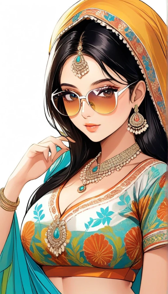 eate a high-quality drawing of a quirky Indian woman, radiating charm and individuality, as she confidently dons a vibrant lehenga blouse, the distinct Indian outfit adorned with intricate patterns and bold colors. Her expressive eyes are hidden behind stylish sunglasses, adding an enigmatic allure to her demeanor. The painting boasts of a plain white background that perfectly contrasts and highlights the richness and vibrancy of her traditional attire.,bug breasts 