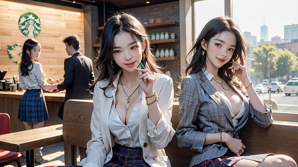 8K、RAW Photos、Highest quality、Super detailed、Super Resolution、Ultra HD、8K壁紙、Amazing details American blazer uniform girl ((White blouse with formal collar, Blue blazer, Red Check Skirt, Red checkered ribbon on blouse)), Complete limbs, Full Finger, 
((((Inside the Starbucks store))))、16 year old female student、((Eat cake、Drink coffee、smile))、Heart Necklace、Gold bracelet
(((Emphasize cleavage)))
(((Woman sitting at the window seat)))
