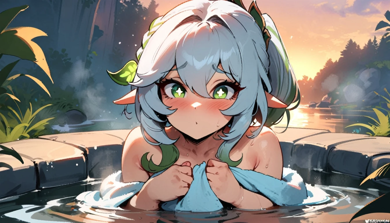 1girl, nahida \(genshin impact\), genshin impact \\\\\ masterpiece, best quality, very aesthetic, absurdres, newest ///// by nyantcha, cutesexyrobutts, by khyle \\\\\ rating:nsfw, nude,naked,,,,,,,,solo,blush,shy,in water, , povpov, onsen,towel wrapped around body, sunrise,looking at viewer, ,pov,,in the centre of shot,wallpaper