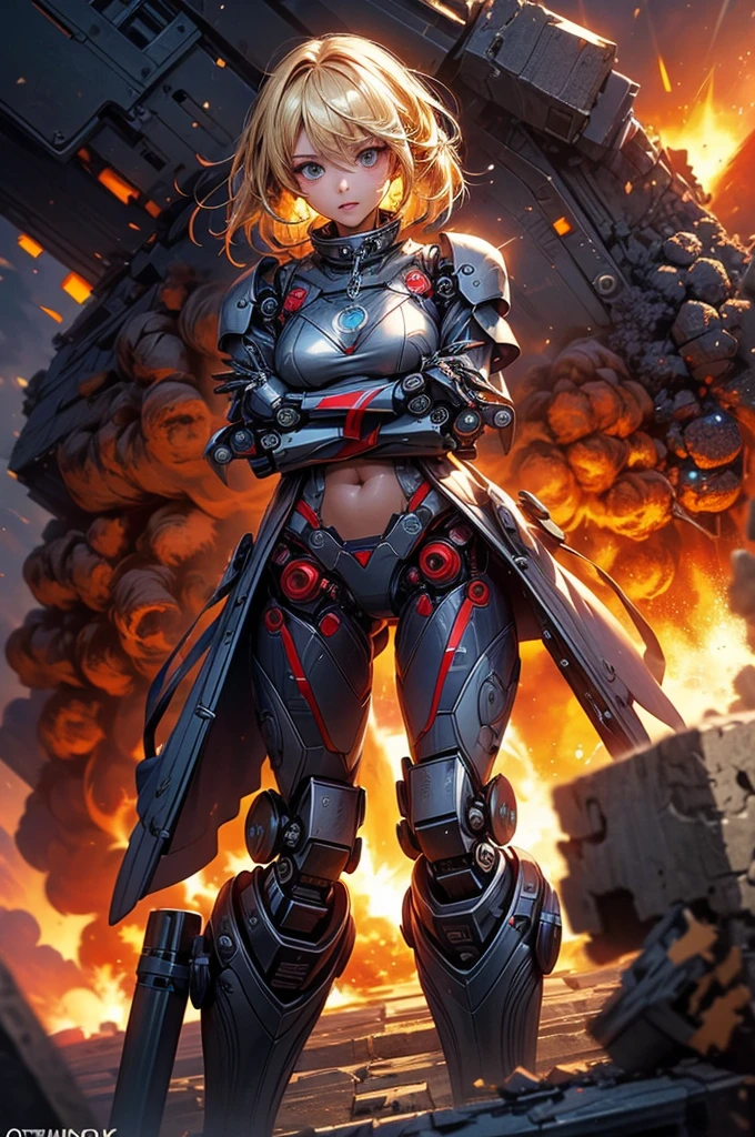 ((robot being crushed:1.5)),(((explosion behind:1.5))), ((fold your arms)),((highest quality, 8K, masterpiece: 1.3))), sharp focus: 1.2, beautiful woman with perfect figure: 1.4, thin abs: 1.2, ((blonde layered cut, big: 1.2)), wet body: 1.5, Highly detailed face and skin texture, fine eyes, double eyelid,Thighs that are not too thick, chain collar,black long coat,His Excellency's Black Uniform, from below, smile a little,Navel exposed,Two legs,Two arms,toned thighs,open legs,Are standing,