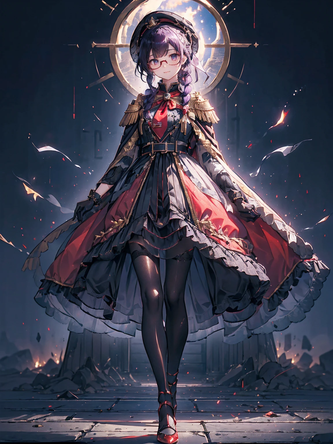 realisitic, from front, City Deserted, Pile of rubble, Brick building, a one woman (18 years old, far away blackw hair, far away slits, Eyes red, glare eyes, 精致的面容, standing (In floor, feet shoulder-width apart), Lolita style military uniform (blackw base, Red Insert, golden decoration, volantes, wide sleeves, dainty and delicate detailing armors), blackw far away gloves (blackw, Red Insert, golden decoration, small hands, armors), blackw far away gloves, knee high boots (blackw, high-heels, red soles), ha (blackw, aba dourada, shield emblem, delicate details), arms in front, Front of belly, Holding military swords with both hands (blackw, golden decoration, delicate detail, Handle at the top, Ground-facing blade, in front of the body, far away), night sky (blackw, stele, Increased flames and smoke), Pale painting style, One Girl, super high quality, Super Detail, Super Detailed image, long hair, looking at viewer, skirt, shirt, hair ornament, violet eyes, gloves, round glasses, long sleeves, hat, closed mouth, jacket, violet hair, braid, open clothes, necktie, black gloves, black skirt, uniform, single braid, open jacket, black jacket, black headwear, 手链, peaked cap, black necktie, cropped jacket, military hat, pantyhose, Flat Chest, smile, Red Cape