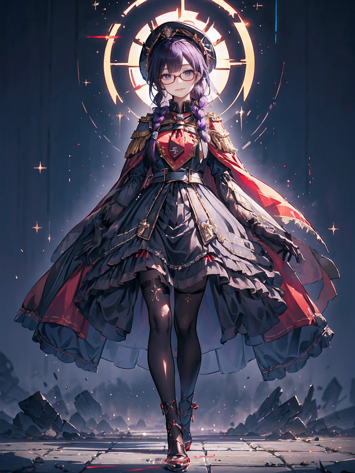 realisitic, from front, City Deserted, Pile of rubble, Brick building, a one woman (18 years old, far away blackw hair, far away slits, Eyes red, glare eyes, 精致的面容, standing (In floor, feet shoulder-width apart), Lolita style military uniform (blackw base, Red Insert, golden decoration, volantes, wide sleeves, dainty and delicate detailing armors), blackw far away gloves (blackw, Red Insert, golden decoration, small hands, armors), blackw far away gloves, knee high boots (blackw, high-heels, red soles), ha (blackw, aba dourada, shield emblem, delicate details), arms in front, Front of belly, Holding military swords with both hands (blackw, golden decoration, delicate detail, Handle at the top, Ground-facing blade, in front of the body, far away), night sky (blackw, stele, Increased flames and smoke), Pale painting style, One Girl, super high quality, Super Detail, Super Detailed image, long hair, looking at viewer, skirt, shirt, hair ornament, violet eyes, gloves, round glasses, long sleeves, hat, closed mouth, jacket, violet hair, braid, open clothes, necktie, black gloves, black skirt, uniform, single braid, open jacket, black jacket, black headwear, 手链, peaked cap, black necktie, cropped jacket, military hat, pantyhose, Flat Chest, smile, Red Cape