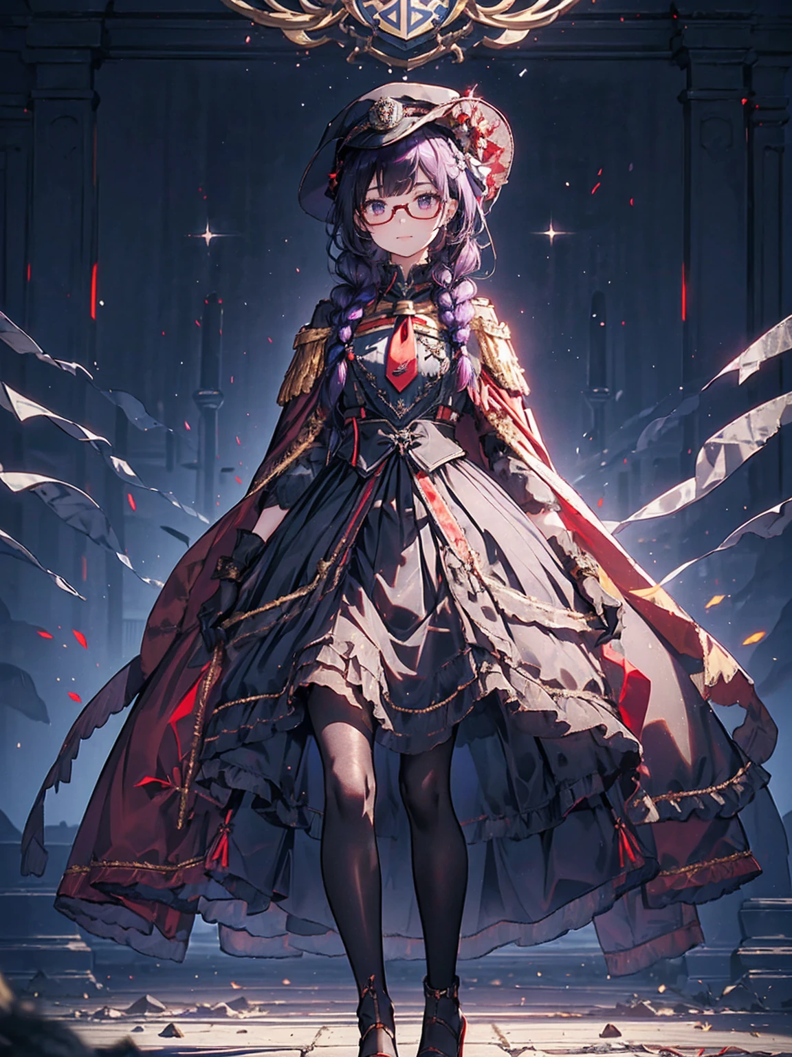 realisitic, from front, City Deserted, Pile of rubble, Brick building, a one woman (18 years old, far away blackw hair, far away slits, Eyes red, glare eyes, 精致的面容, standing (In floor, feet shoulder-width apart), Lolita style military uniform (blackw base, Red Insert, golden decoration, volantes, wide sleeves, dainty and delicate detailing armors), blackw far away gloves (blackw, Red Insert, golden decoration, small hands, armors), blackw far away gloves, knee high boots (blackw, high-heels, red soles), ha (blackw, aba dourada, shield emblem, delicate details), arms in front, Front of belly, Holding military swords with both hands (blackw, golden decoration, delicate detail, Handle at the top, Ground-facing blade, in front of the body, far away), night sky (blackw, stele, Increased flames and smoke), Pale painting style, One Girl, super high quality, Super Detail, Super Detailed image, long hair, looking at viewer, skirt, shirt, hair ornament, violet eyes, gloves, round glasses, long sleeves, hat, closed mouth, jacket, violet hair, braid, open clothes, necktie, black gloves, black skirt, uniform, single braid, open jacket, black jacket, black headwear, 手链, peaked cap, black necktie, cropped jacket, military hat, pantyhose, Flat Chest, smile, Red Cape