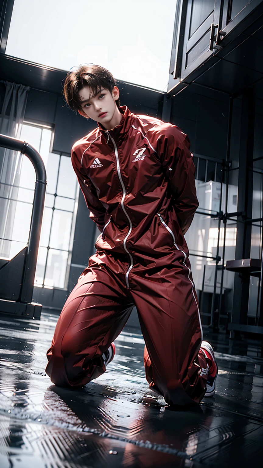 masterpiece,best quality, (A well-built 18-year-old tall boy:1.2), (Kneeling upright in the middle of the stream:1.2),Orange tight cycling suit,male，(Broad shoulders),muscular，（Extremely strong body），Fitness，Inverted triangle figure，Biceps，Highlight muscle texture，（Frontal upward perspective）， muscular的身体，Small head，（Handsome and cute face），V-Shaped Face，Perfectly detailed facial features,sports shoes，Looking at the camera，An angry and serious expression，leaning back,head tilt, happy, very short hair, brown hair,(looking at viewer:1.2)，Wide-angle lens