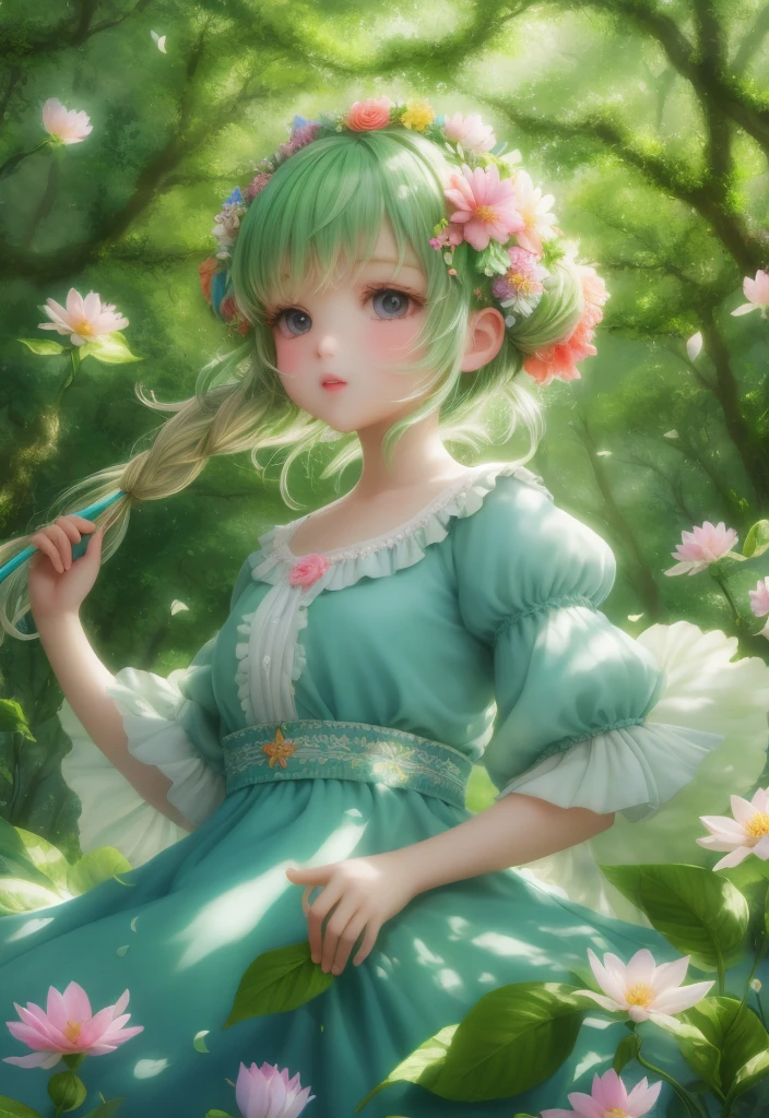 girl in a forest with floating flowers, river, puffy, puffy cheeks, cute,Fairy
vibrant colors, colorful art style, 
soft lighting, soft shadows, detailed textures, dynamic lighting,  
nice hands, perfect hands, 
