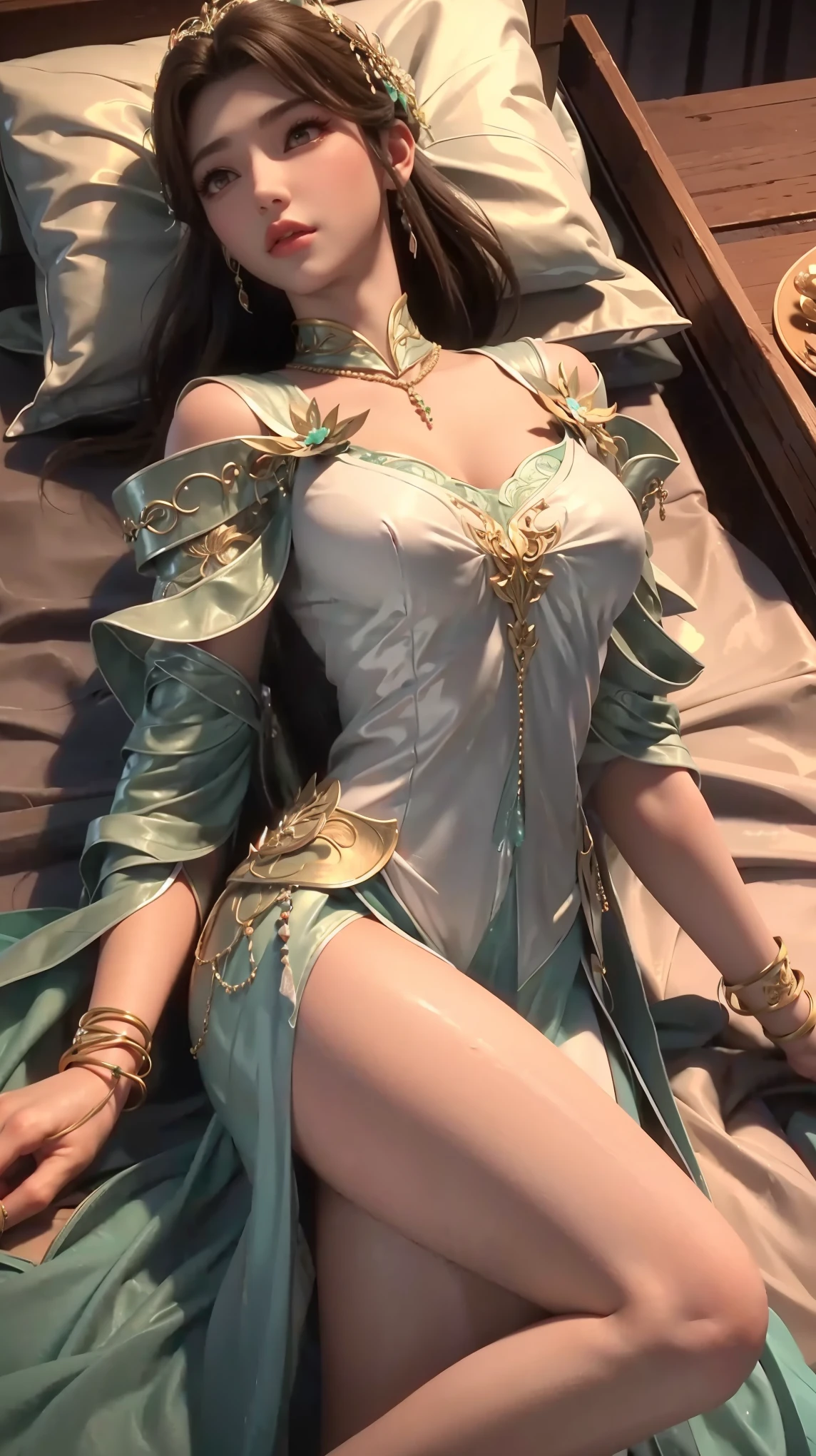 a girl lying on a bed, facing upward, slightly raising her leg, extremely detailed and beautiful 16 year old girl, 4k, 8k, cinematic, full body, lying, long legs, full body capture, (((lying on a bed))), (((full body lying on a bed))), large bed, lying on a bed, head resting on pillow, high quality, photorealistic, hyperrealistic, beautiful skin, flawless complexion, beautiful eyes, long eyelashes, delicate facial features, beautiful lips, graceful pose, natural lighting, warm color palette