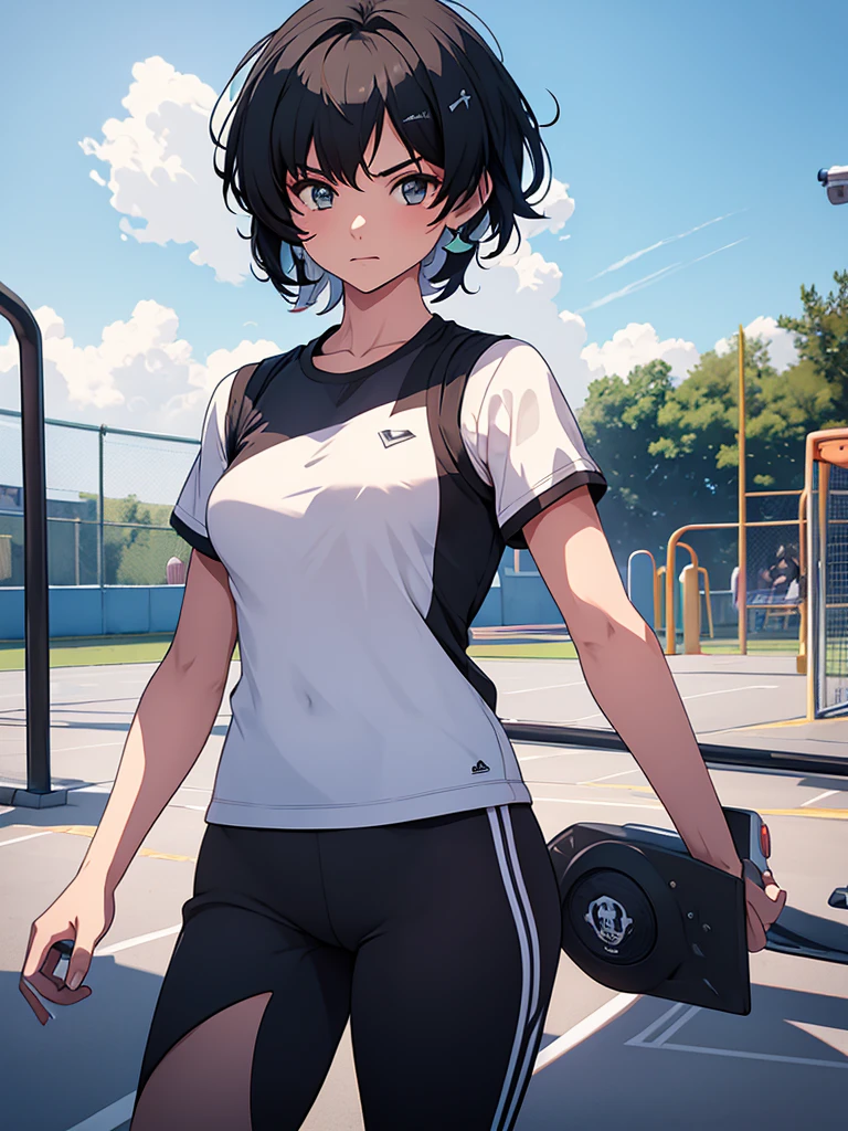 Female rover from wuthering waves, 1girl, as an athlete, wearing sports outfit, sports t-shirt and pants, at a playground , black short hair, 8k, high detailed, high quality
