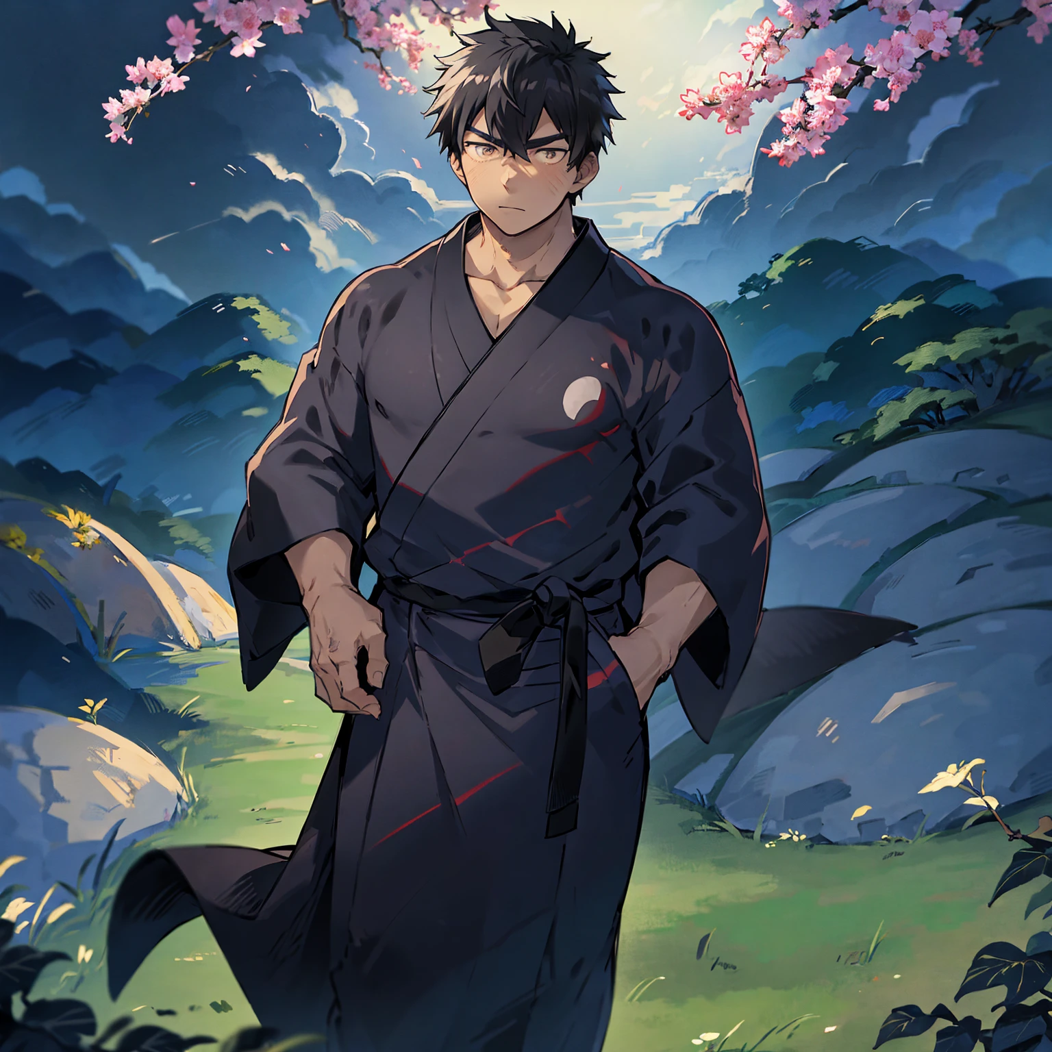 Japanese man, young man standing on hill, looking at beautiful view, picturesque Japanese cityscape, anime-like image, high resolution, fantastic atmosphere, facing you, Shinkai Makoto, Shinkai Makoto style, young man standing on right side, thin young man, serious expression, black hair, dark blue kimono kimono, black obi, black geta, figure is on right side, left side empty