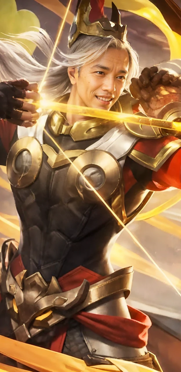 4k, Best quality, masterpiece, ultra high res, beautiful lighting, (realistic, photo-realistic:1.4), realistic background, jokowi, 1man, 50 years old, smiling, wear thor Chris Hemsworth superhero outfit with mjolnir in hand, long shot