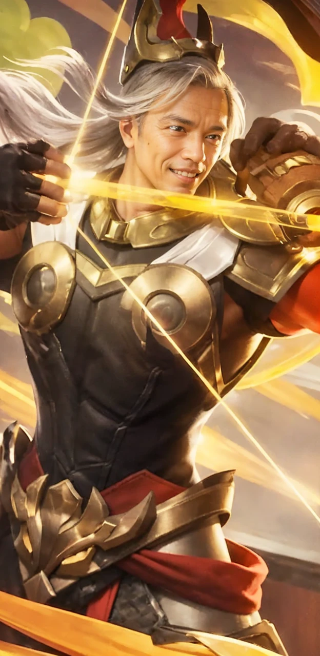 4k, Best quality, masterpiece, ultra high res, beautiful lighting, (realistic, photo-realistic:1.4), realistic background,  jokowi, 1man, 50 years old, smiling, wear thor Chris Hemsworth superhero outfit with mjolnir in hand, long shot