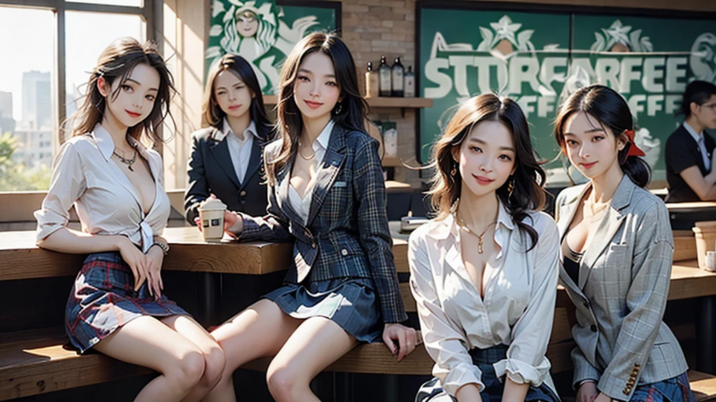 8K、RAW Photos、Highest quality、Super detailed、Super Resolution、Ultra HD、8K壁紙、Amazing details American blazer uniform girl ((White blouse with formal collar, Blue blazer, Red Check Skirt, Red checkered ribbon on blouse)), Complete limbs, Full Finger,
((((Inside the Starbucks store))))、16 year old female student、((Eat cake、Drink coffee、smile))、Heart Necklace、Gold bracelet
(((Emphasize cleavage)))
(((Woman sitting at the window seat)))
