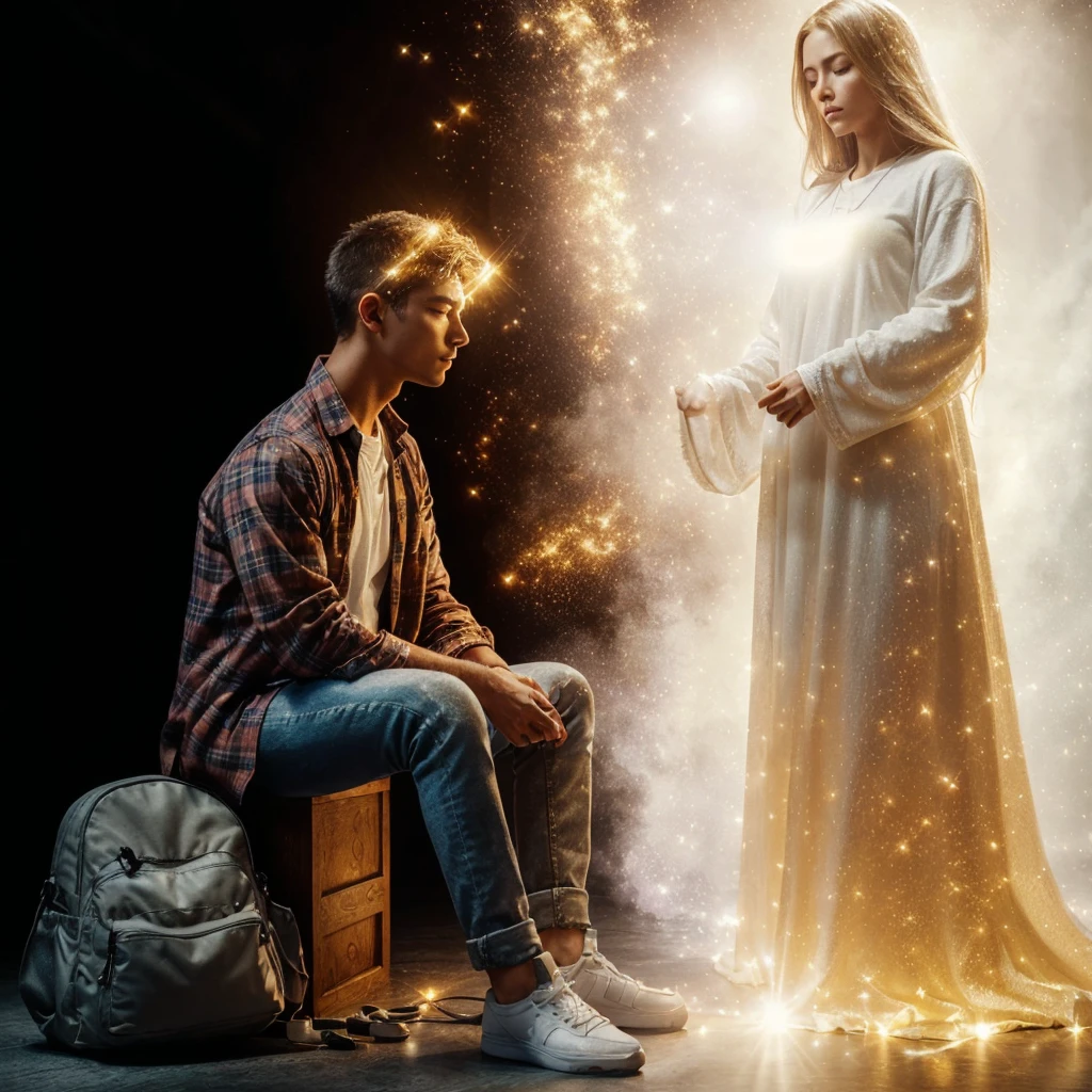 Very real image. A person sitting dressed in flannel, jeans and sports shoes, with his eyes closed, communicates telepathically with his beautiful guardian angel who is standing in front of him, who measures more than 3 meters tall, a being that radiates a lot of blinding light, Dressed in a white tunic with golden sparkles. Photorealism, full view, highly detailed image, very realistic, hyperrealism, Ultra HD, 8k, 5, sharp focus, intricate and mysterious masterpiece. (Long exposure photography Very detailed close-up portrait artistic illustration: final quality, medium shot, backlight, Rich and striking. Enigmatic and mysterious manipulations (composition of the rule of thirds), ((detailed environment with strong lines) Lo best quality, in camera, white light, warm and clean aesthetics, dazzling screen composed of millions of brilliant ultraviolet rays, HDR.