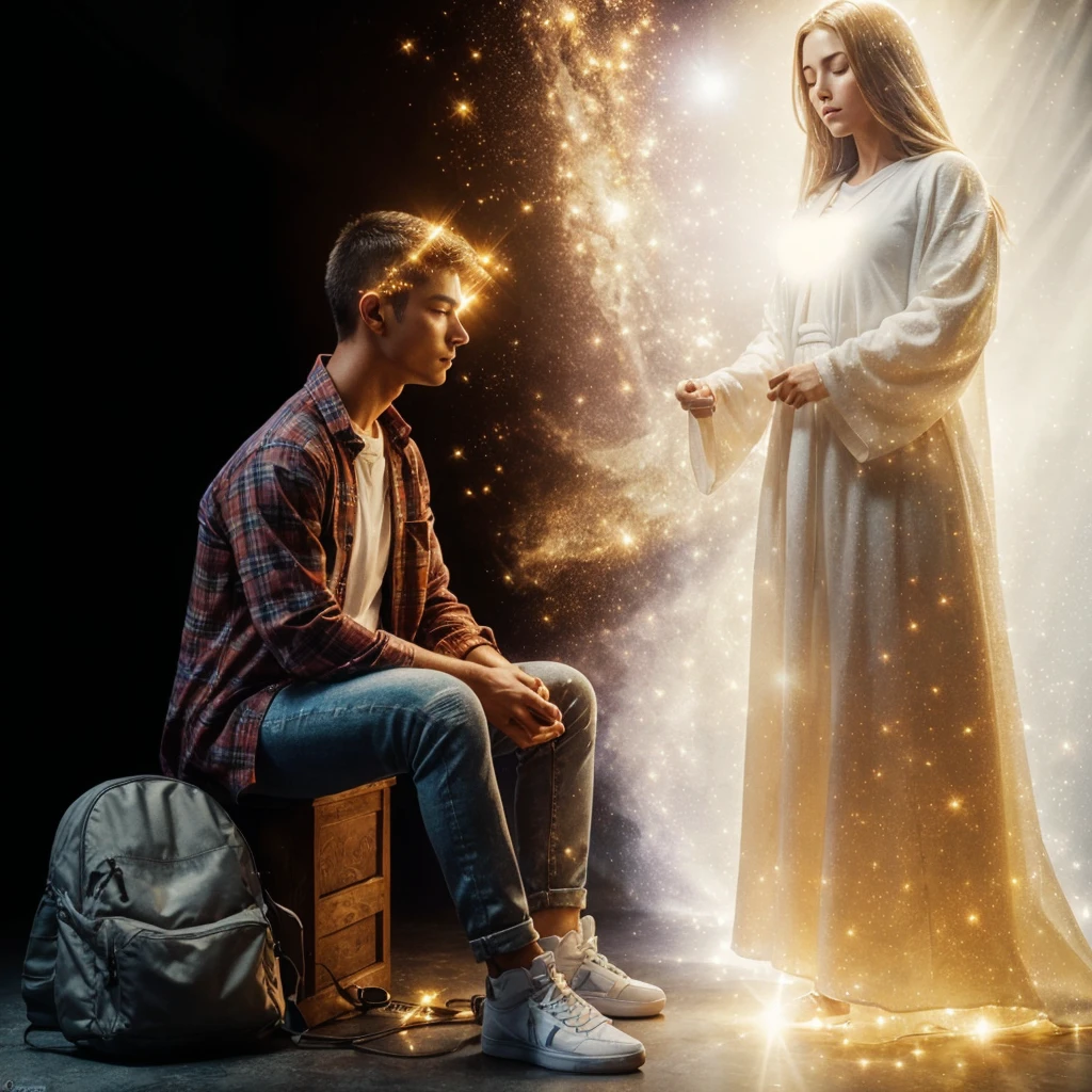 Very real image. A person sitting dressed in flannel, jeans and sports shoes, with his eyes closed, communicates telepathically with his beautiful guardian angel who is standing in front of him, who measures more than 3 meters tall, a being that radiates a lot of blinding light, Dressed in a white tunic with golden sparkles. Photorealism, full view, highly detailed image, very realistic, hyperrealism, Ultra HD, 8k, 5, sharp focus, intricate and mysterious masterpiece. (Long exposure photography Very detailed close-up portrait artistic illustration: final quality, medium shot, backlight, Rich and striking. Enigmatic and mysterious manipulations (composition of the rule of thirds), ((detailed environment with strong lines) Lo best quality, in camera, white light, warm and clean aesthetics, dazzling screen composed of millions of brilliant ultraviolet rays, HDR.