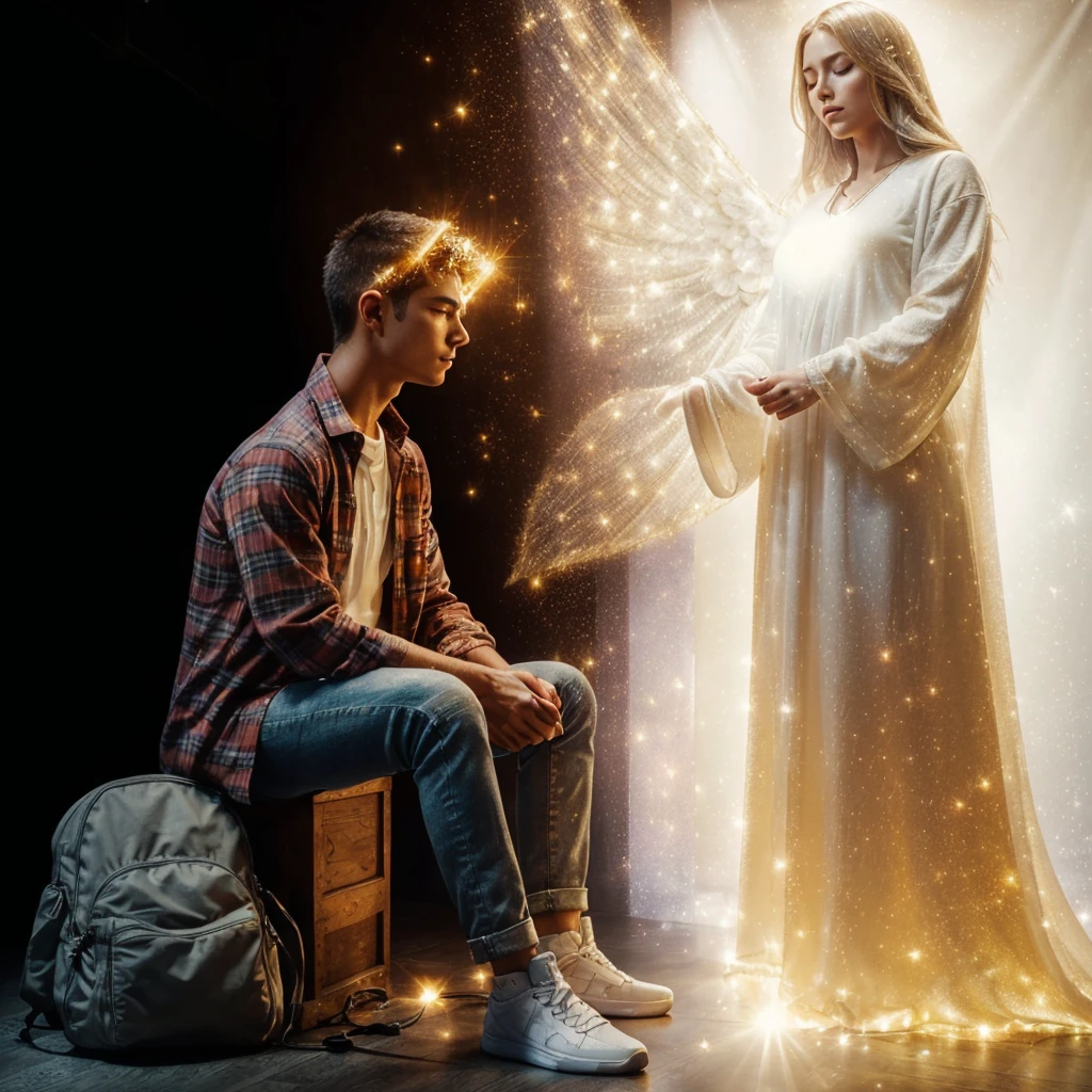 Very real image. A person sitting dressed in flannel, jeans and sports shoes, with his eyes closed, communicates telepathically with his beautiful guardian angel who is standing in front of him, who measures more than 3 meters tall, a being that radiates a lot of blinding light, Dressed in a white tunic with golden sparkles. Photorealism, full view, highly detailed image, very realistic, hyperrealism, Ultra HD, 8k, 5, sharp focus, intricate and mysterious masterpiece. (Long exposure photography Very detailed close-up portrait artistic illustration: final quality, medium shot, backlight, Rich and striking. Enigmatic and mysterious manipulations (composition of the rule of thirds), ((detailed environment with strong lines) Lo best quality, in camera, white light, warm and clean aesthetics, dazzling screen composed of millions of brilliant ultraviolet rays, HDR.