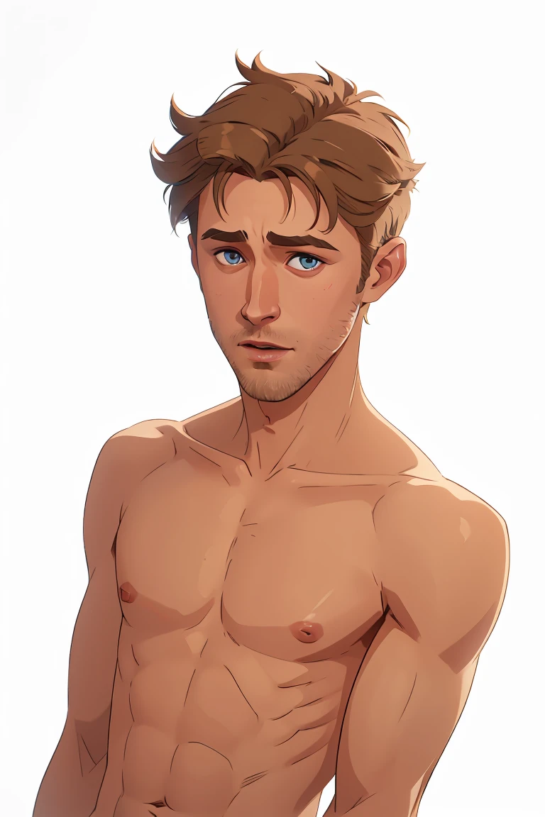 Ryan Gosling, 1male, 4k, highly detailed, slim, ((short hair)), (upper body portrait), ((nude)), (plain white background, flat lighting)