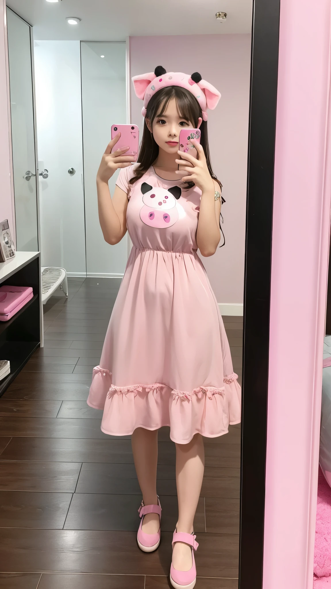 Cute cartoon pink pig standing in front of a mirror, holding a smartphone for a selfie. The pig looks slightly nervous, wearing a fashionable casual dress. Background shows a modern, stylish room. Kawaii style, big expressive eyes, vibrant colors.