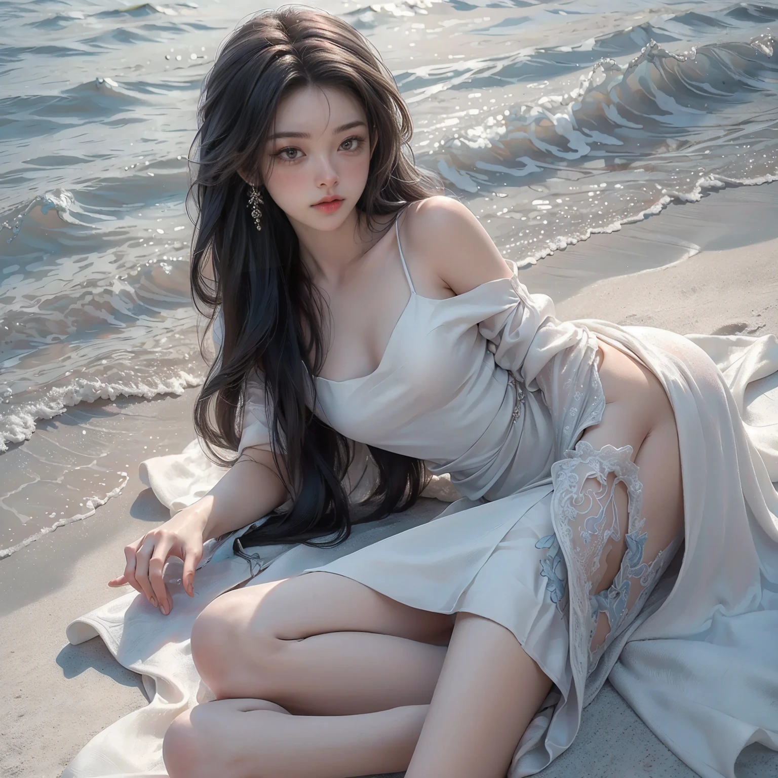 ((masterpiece, highest quality, Highest image quality, High resolution, photorealistic, Raw photo, 8K)), Angelic elegant former aristocratic girl in white shirt, black long dress, long white hair pulled back, barefoot, looking up at me with a blue, ocean innocent eyes