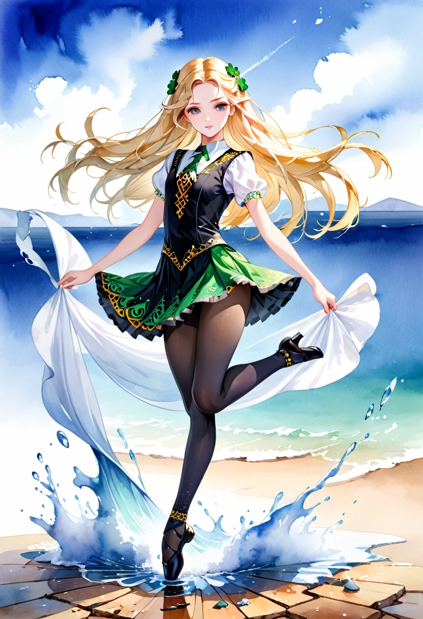 Irish Dance、Irish Danceを踊る少女、Northern Irish national costume、Black tights、Long, slender legs、Blonde Long Hair、watercolor画スタイル、watercolor、Gradient color sea background、Debris、Highest quality、Ultra-high resolution、Golden Ratio