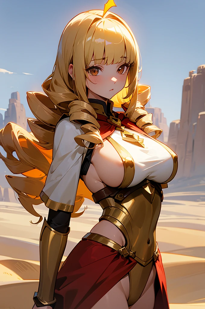 Perfect human body modeling, 1girl, pretty face, blunt bangs, Long hair, drill hair, twin drills, blonde hair, shiny hair, glow eyes, jitome, brown eyes, tsurime, white skin, huge breasts, Short body, Western-style fantasy, RPG, Rocky mountains, desert, Red cape, Golden knight, Golden Bikini Armor,