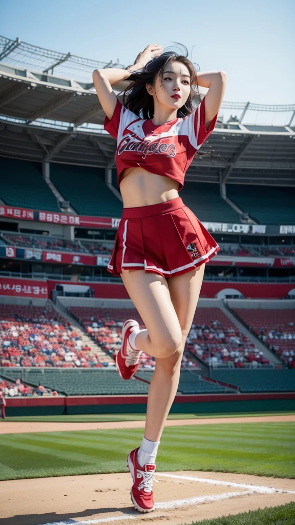 Beautiful girl, Korean makeup, Red lips, medium body, medium chest, femoral, baseball cheerleader outfit, jumping position, stadium landscape