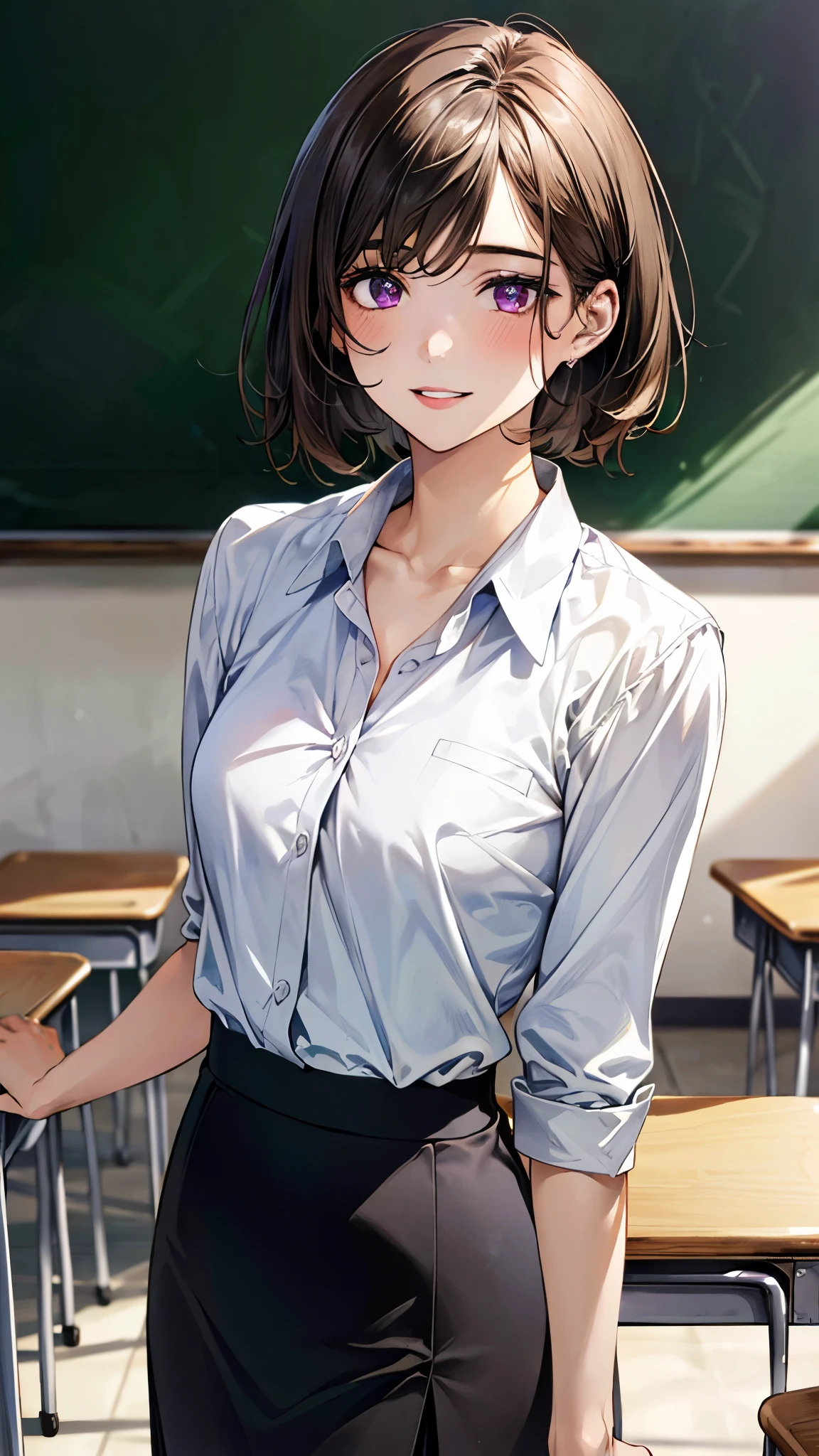 (masterpiece:1.3, top-quality, ultra high res, ultra detailed), (realistic, photorealistic:1.4), beautiful illustration, perfect lighting, natural lighting, colorful, depth of fields,
beautiful detailed hair, beautiful detailed face, beautiful detailed eyes, beautiful clavicle, beautiful body, beautiful chest, beautiful thigh, beautiful legs, beautiful fingers,
looking at viewer, 1 girl, high school teacher, 22 years old, perfect face, (perfect anatomy, anatomically correct), cute and symmetrical face, , , shiny skin,
(short hair:1.5, bowl cut hair, dark brown hair), swept bangs, dark purple eyes, slant eyes, big eyes, long eye lasher, (medium breasts), slender,
(suit jacket, suit skirt, collared white shirt),
(beautiful scenery), evening, (school classroom:1.2, blackboard, vase, blackboard eraser, chalk), standing, hands between legs, (lovely smile, parted lips),