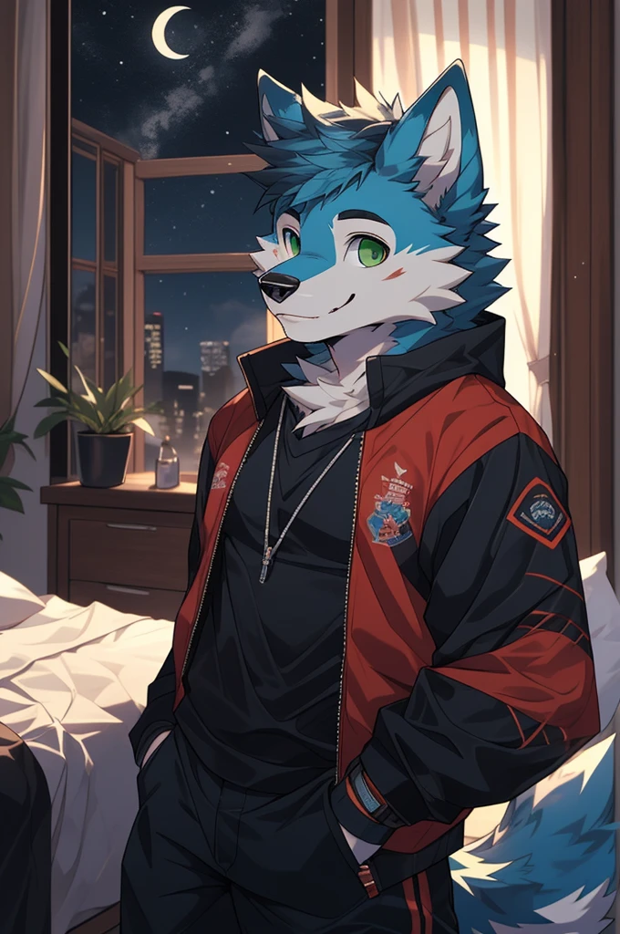 (high definition, Dynamic HDR, 4K, Full HD), furry, 18 years old, relax, wolf, Big one, blue fur, green_eyes, Random clothes, A smile on his face., bedroom, upper body, cute, handsome, Strong Body, big breasts, Be confident ,nighttime