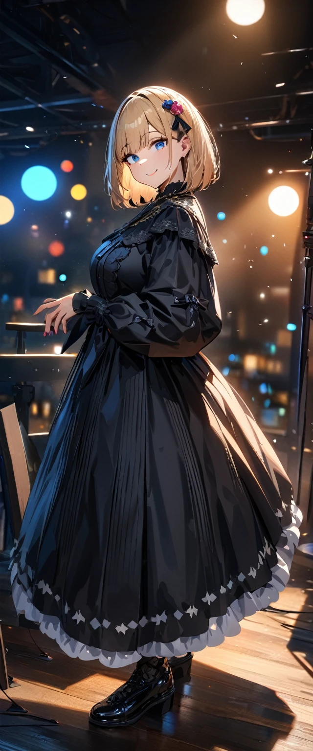 (((One girl))), Shibuya, blond hair, bob cut, (looking at viewer), (((full body))), big breasts, teenager, head tilt:1.3, (((blue eye))), constricted pupils, (from side:1.3), ((happy smile)), gothic lolita:1.3, hair ornament, hair ribbon, anime style, (best quality, 4k, 8k, highres, masterpiece:1.2, ultra-detailed, ultra-detailed eyes, HDR, UHD, studio lighting, ultra-fine painting, sharp focus, physically-based rendering, extreme detail description, professional, vivid colors, bokeh)
