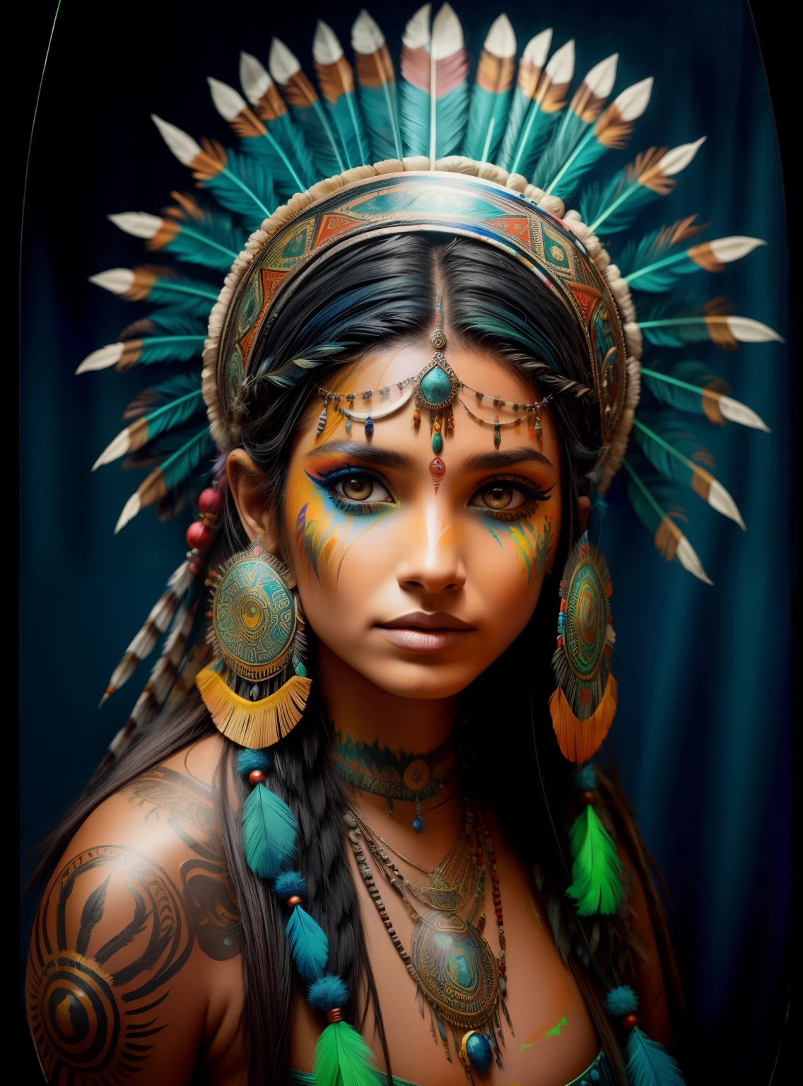 Woman with feather headdress and feathers on her head,(((painted face))), 80s style, Astec Princess, wears a bright feather crown,  with feathers, Beautiful young shaman,painted face,(((Fluorescent))), She is dressed in shaman clothing, Scratch emplumado,Sternum tattoo, Scratch ornamentado, a young shaman, Angelina Jolie UHD, Scratch, : Indian shaman fantasy, Scratch centralizado,painted face,Fluorescent, polaroid, Nikon D750