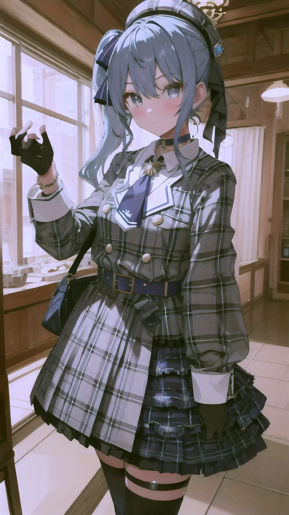 masterpiece, best quality, highres, sui1, 1girl, solo, side ponytail, hoshimachi suisei, fingerless gloves, single thighhigh, jewelry, single sock, thigh strap, bracelet, blue socks, buttons, single kneehigh, plaid dress, blue choker, blue belt, plaid skirt, mini crown, grey skirt, blue ascot, long sleeves, plaid jacket, cowboy shot, blush, sexy pose, hands behind back,