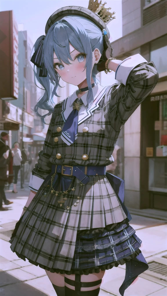 masterpiece, best quality, highres, sui1, 1girl, solo, side ponytail, hoshimachi suisei, fingerless gloves, single thighhigh, jewelry, single sock, thigh strap, bracelet, blue socks, buttons, single kneehigh, plaid dress, blue choker, blue belt, plaid skirt, mini crown, grey skirt, blue ascot, long sleeves, plaid jacket, cowboy shot, blush, sexy pose, hands behind back,