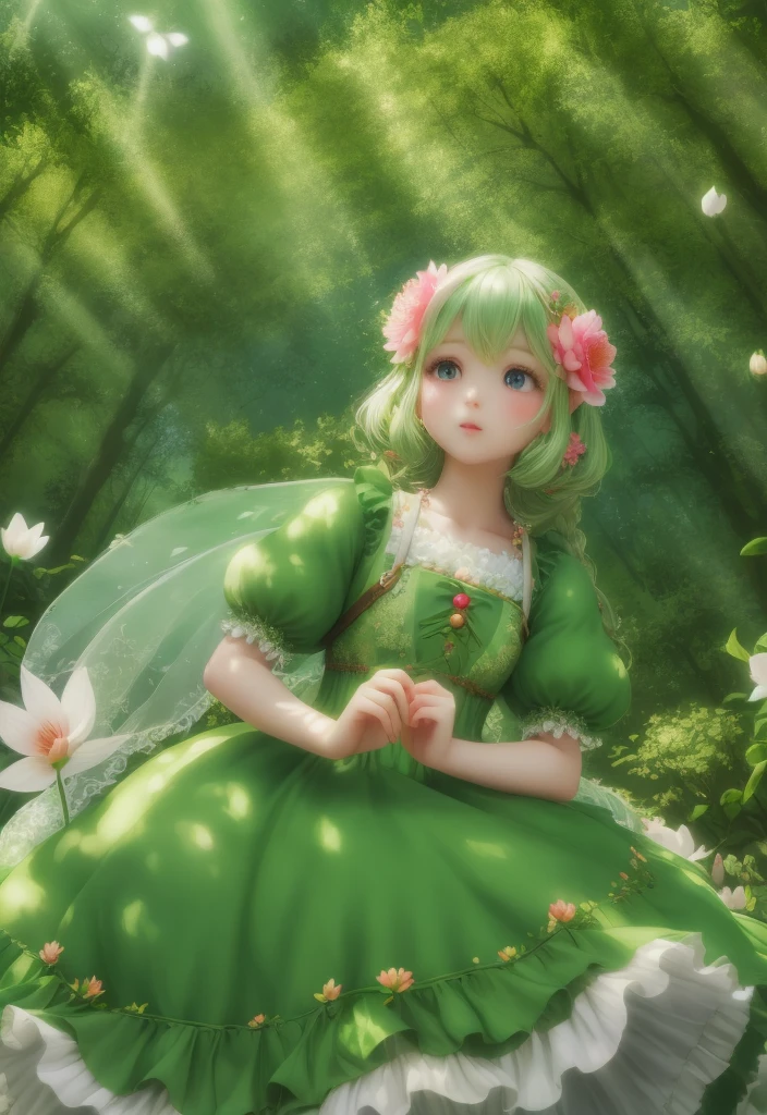 girl in a forest with floating flowers, river, puffy, puffy cheeks, cute,Fairy Leafdress
vibrant colors, colorful art style, 
soft lighting, soft shadows, detailed textures, dynamic lighting,  
nice hands, perfect hands, 
