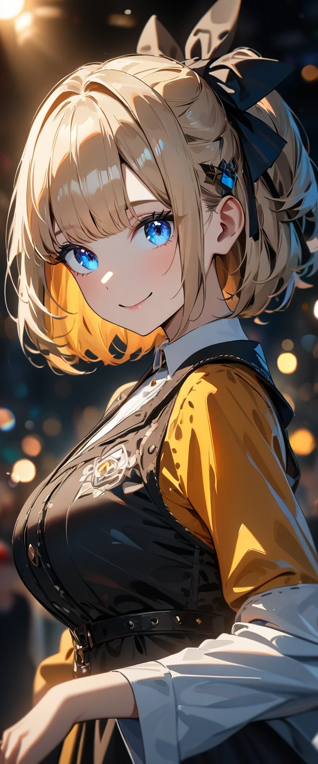 (((One girl))), Shibuya, blond hair, bob cut, (looking at viewer), upper body, big breasts, teenager, head tilt:1.3, (((blue eye))), constricted pupils, (from side:1.3), ((happy smile)), gothic lolita:1.3, hair ornament, hair ribbon, anime style, (best quality, 4k, 8k, highres, masterpiece:1.2, ultra-detailed, ultra-detailed eyes, HDR, UHD, studio lighting, ultra-fine painting, sharp focus, physically-based rendering, extreme detail description, professional, vivid colors, bokeh)