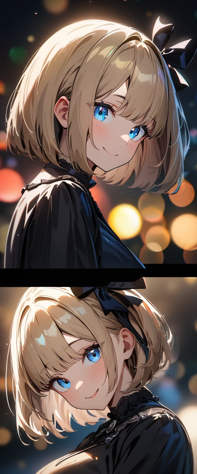 (((One girl))), Shibuya, blond hair, bob cut, (looking at viewer), upper body, big breasts, teenager, head tilt:1.3, (((blue eye))), constricted pupils, (from side:1.3), ((happy smile)), gothic lolita:1.3, hair ornament, hair ribbon, anime style, (best quality, 4k, 8k, highres, masterpiece:1.2, ultra-detailed, ultra-detailed eyes, HDR, UHD, studio lighting, ultra-fine painting, sharp focus, physically-based rendering, extreme detail description, professional, vivid colors, bokeh)