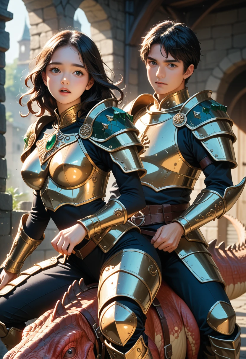 Two humans riding a T-Rex Dinosaur long wavy black hair. detailed ornate black emerald armor, in a dungeon. anime waifu. Stylish. Cute, hot, shiny. highly detailed, uhd anime wallpaper, digital cel animation