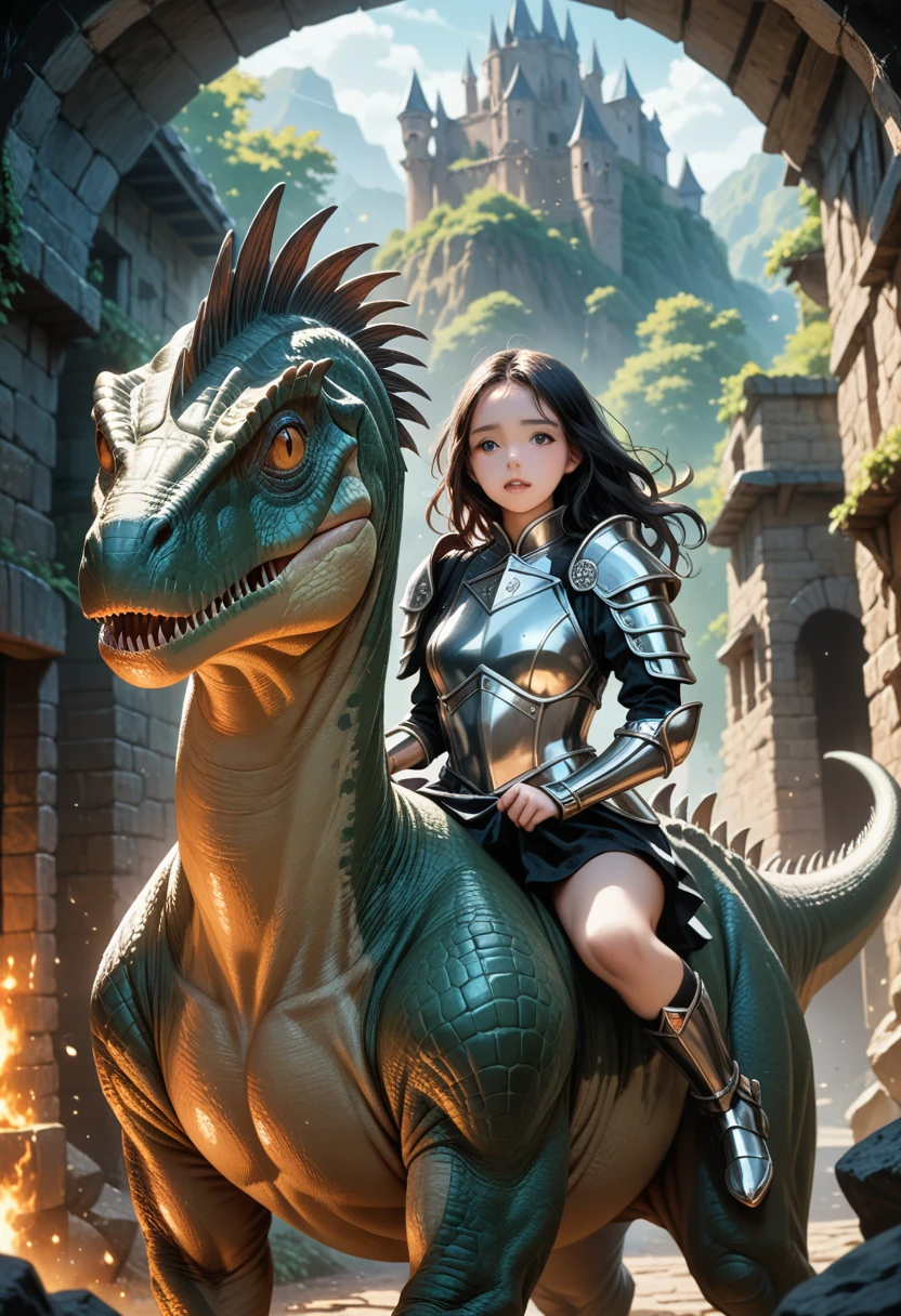 Two humans riding a T-Rex Dinosaur long wavy black hair. detailed ornate black emerald armor, in a dungeon. anime waifu. Stylish. Cute, hot, shiny. highly detailed, uhd anime wallpaper, digital cel animation