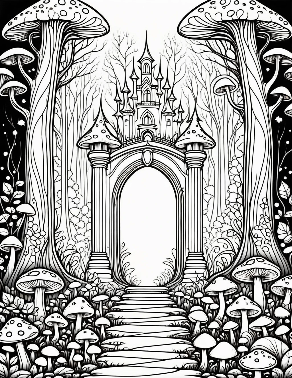 Intricate line art of a magical forest entrance, ornate gateway, glowing mushrooms, black and white illustration, coloring book style, white background, detailed pen drawing, high contrast, clean lines, suitable for coloring, vector-like, easy to color