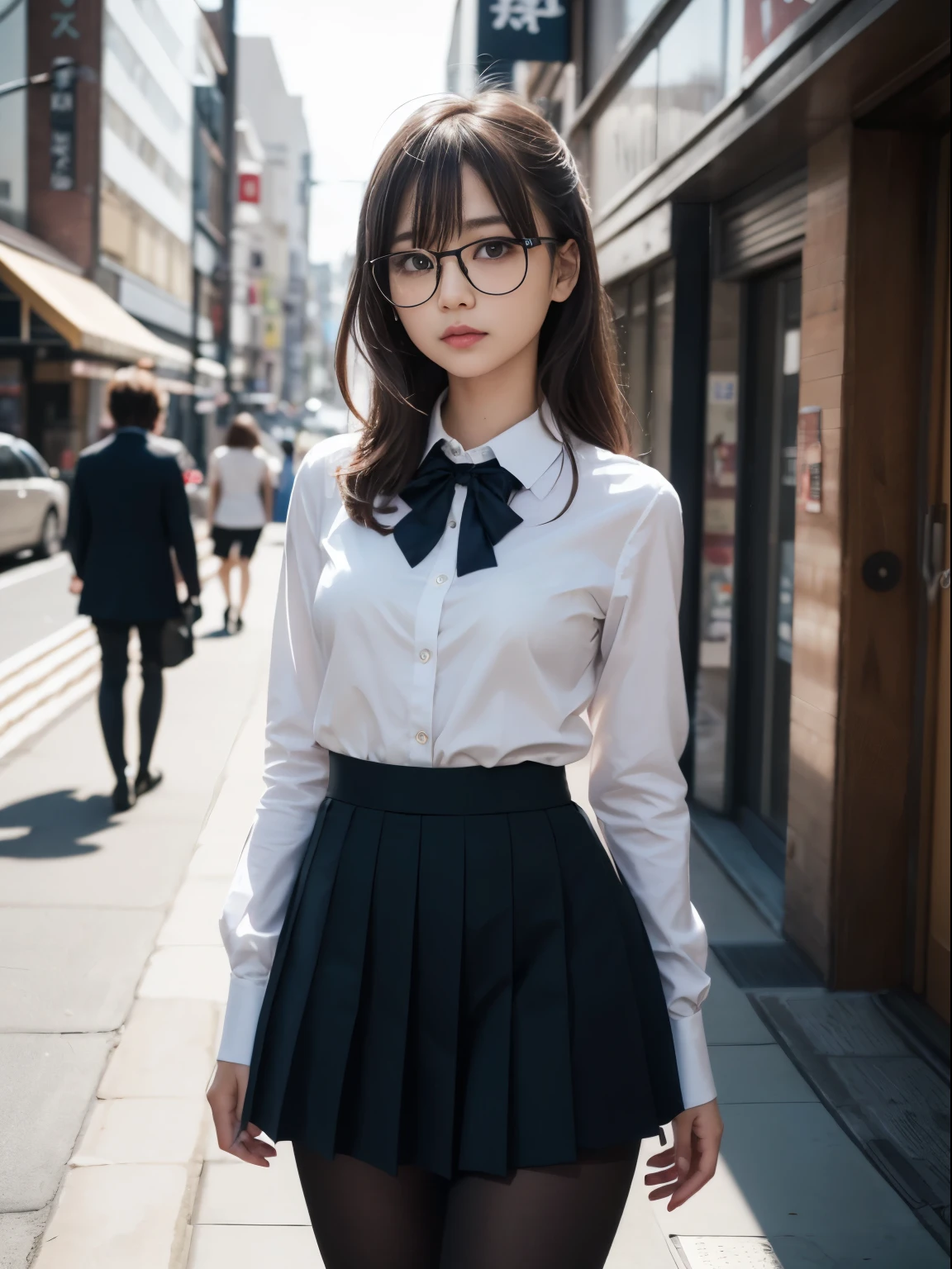 (8K、生photograph、Highest quality、masterpiece:1.2),(Small breasts)、(Small breasts)、(Small breasts)、(Small breasts)、Look straight ahead、pupil,De Pere Blanca,(Black Pantyhose),Small face、Chest is petanko,前hairを真ん中から分ける,The forehead is visible,(business,Glare,strong,Are thin,Irritation)、masterpiece,Highest quality,Ultra-high resolution,生photograph,even,beautiful、One person,One person,Glasses,,Strong face、丸Glasses、cute、JK、high school girl、Japanese women、Are standing、(PhotoReactive:1.37)、Photon Mapping、Light blue ribbon、Real、cute小さな顔、Brown eyes、Black socks、(Red bow tie)、Radio City、Physically Based Rendering、Prospect、Character boundary depth、Blurred Background、photograph、girl、body、Beautiful feet、Long legs、Thin legs、(前hairが見える)、hair、lips、blue_The目、Soft Nose、(Light blue shirt)、Navy and blue white pattern pleated skirt、I can see your knees、See-through clothing、Thighs、black cotton socks、Nogizaka Idol、、Japan Ido