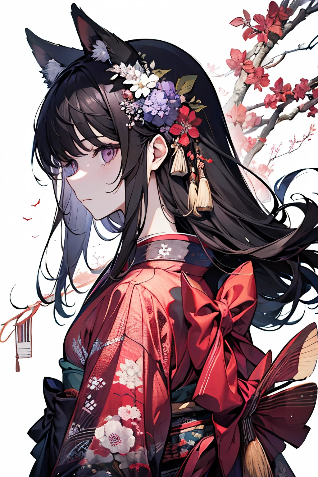(masterpiece, highest quality:1.2), One girl, alone, (junihitoe:1.2), (12 layered kimono:1.2), (very long straight black hair:1.2), (no hair ornaments:1.2), red karaginu, court crest print, open hiogi, purple-red hakama, white mo-skirt, red bodered strip, hole body, From diagonally ahead, from front, from side, simple Background, blank background,