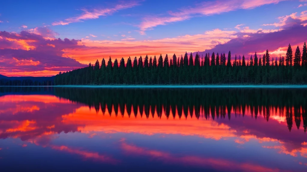 Lake and trees々A beautiful sunset can be seen against the backdrop of, Colorful sky, Surreal colors, Colorful sunset, Colorful Sky, Amazing reflection of the sky, Beautiful sky, Dreamy atmosphere 8k, Multicolored clouds, Colours reflected in the lake, Surreal Sky, Red and blue reflections, Fire Reflection, Beautiful sky, Beautiful and spectacular sunset, Beautiful dreamy landscape, Beautiful sky