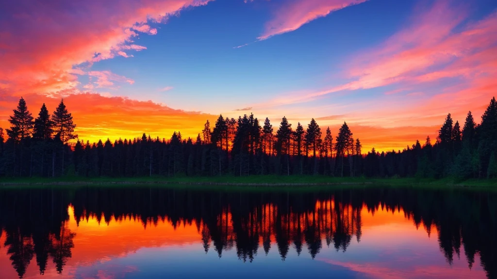 Lake and trees々A beautiful sunset can be seen against the backdrop of, Colorful sky, Surreal colors, Colorful sunset, Colorful Sky, Amazing reflection of the sky, Beautiful sky, Dreamy atmosphere 8k, Multicolored clouds, Colours reflected in the lake, Surreal Sky, Red and blue reflections, Fire Reflection, Beautiful sky, Beautiful and spectacular sunset, Beautiful dreamy landscape, Beautiful sky