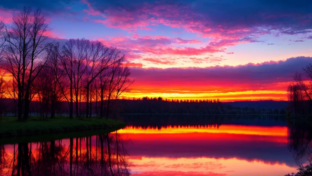 Lake and trees々A beautiful sunset can be seen against the backdrop of, Colorful sky, Surreal colors, Colorful sunset, Colorful Sky, Amazing reflection of the sky, Beautiful sky, Dreamy atmosphere 8k, Multicolored clouds, Colours reflected in the lake, Surreal Sky, Red and blue reflections, Fire Reflection, Beautiful sky, Beautiful and spectacular sunset, Beautiful dreamy landscape, Beautiful sky