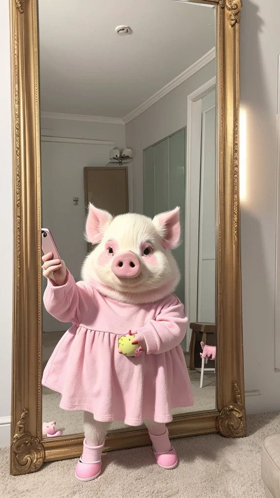 3D Illust. Cute cartoon pink pig standing in front of a mirror, holding a smartphone for a selfie. The pig looks slightly nervous, wearing a fashionable casual dress. Background shows a modern, stylish room. Kawaii style, big expressive eyes, vibrant colors.